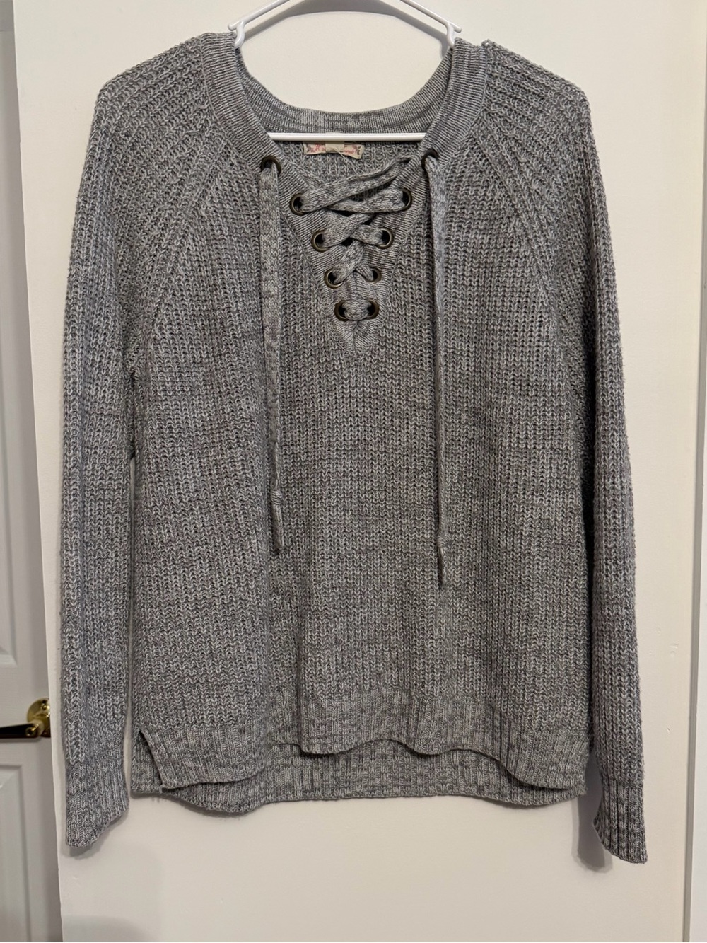 It's Our Time Gray Lace-Up Crewneck Sweater